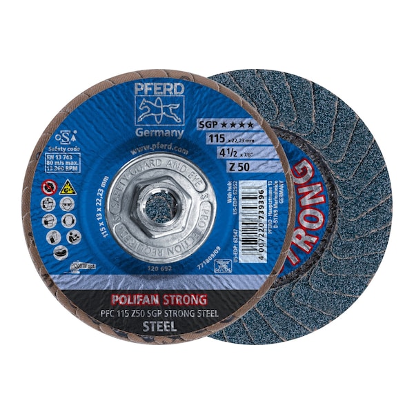 Pferd 4-1/2" x 5/8-11 Thd. POLIFAN Flap Disc - Z SGP STRONG STEEL, Zirconia, 50 Grit, Conical 62952 - main